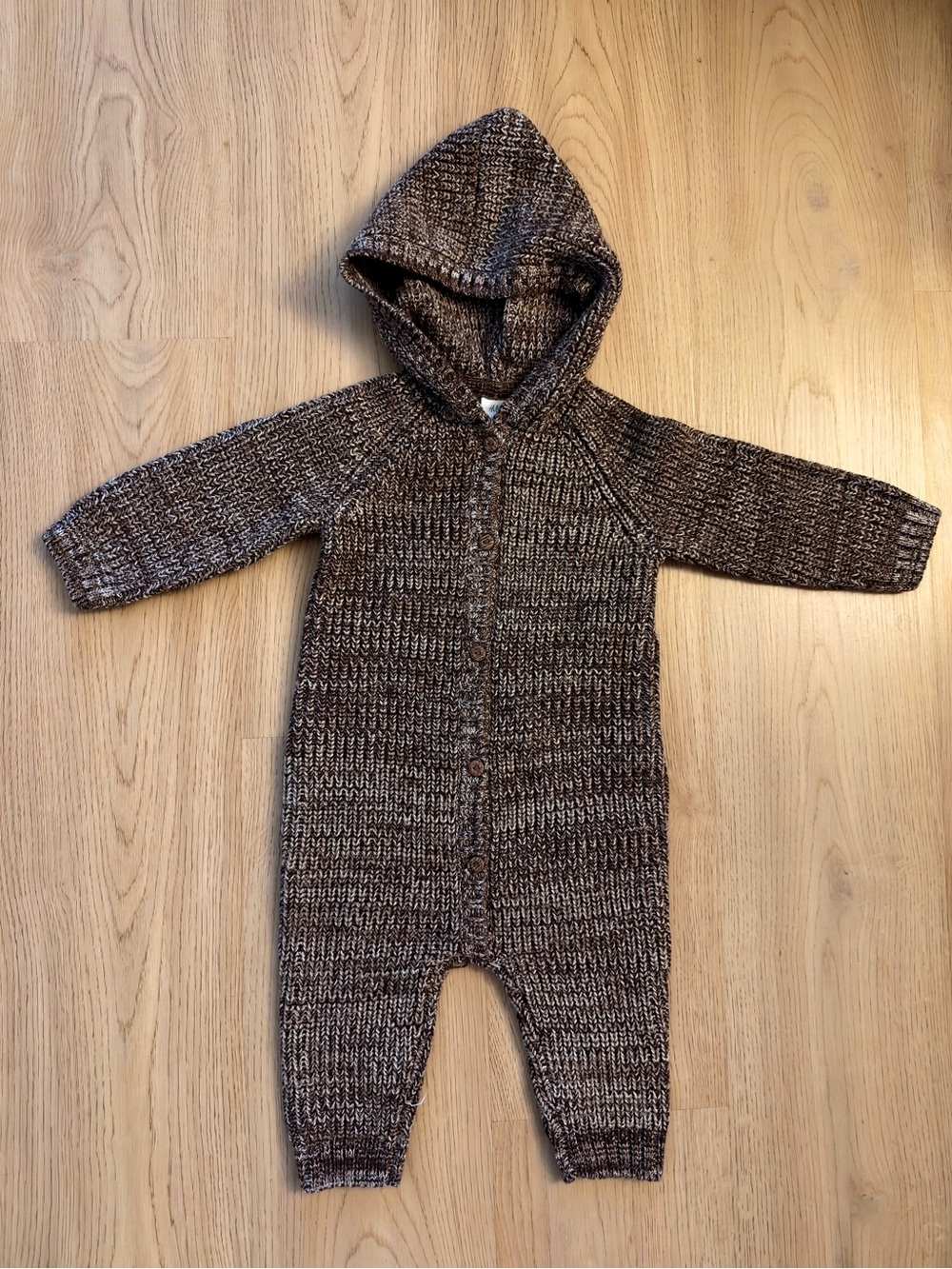 H&M 100%Wool Brown Marled Knit Hooded Footie One-Piece